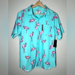 NWT Hurley Men’s Button Up Shirt Turquoise Flamingo Tropical Hawaiian Size M